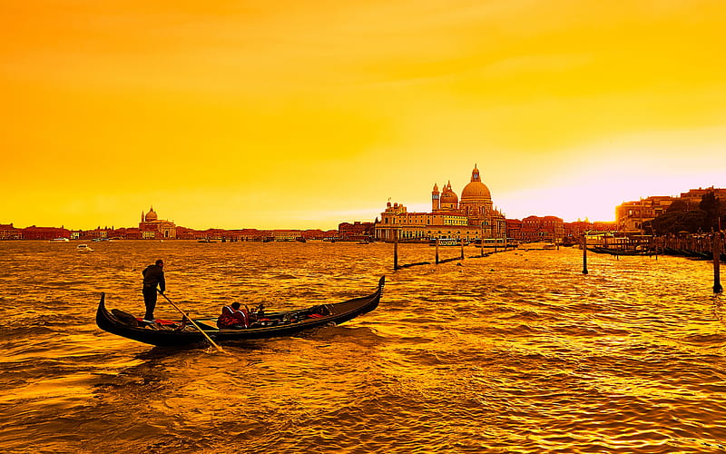 Venice, sunset, boat, Italy, evening, Santa Maria della Salute, HD wallpaper