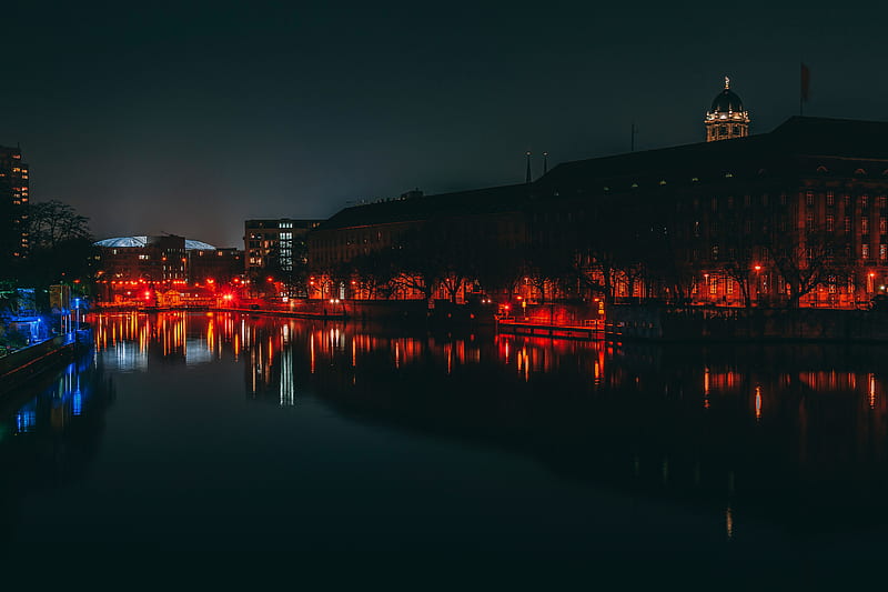 night city, city lights, river, shore, berlin, germany, HD wallpaper