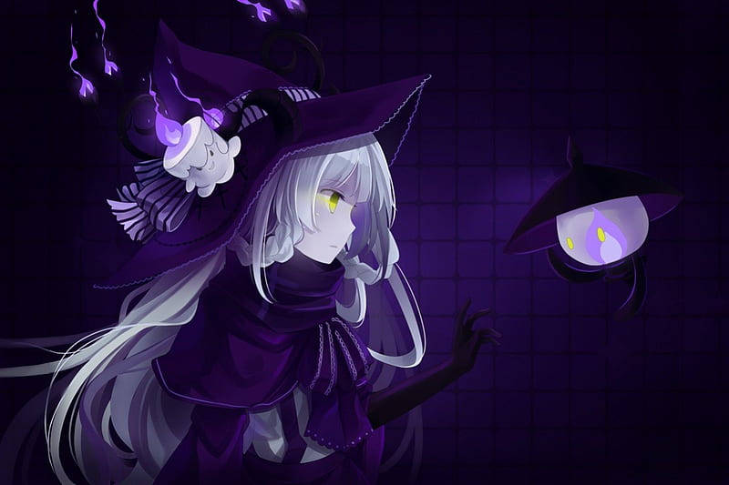 Come with me, pretty, witch, white hair, green eyes, litwick, pokemon, horns, lights, sweet, nice, gloves, anime, anime girl, long hair, hitsukuya, female, lampent, hat, fire, cool, purple, dark, awesome, white, HD wallpaper