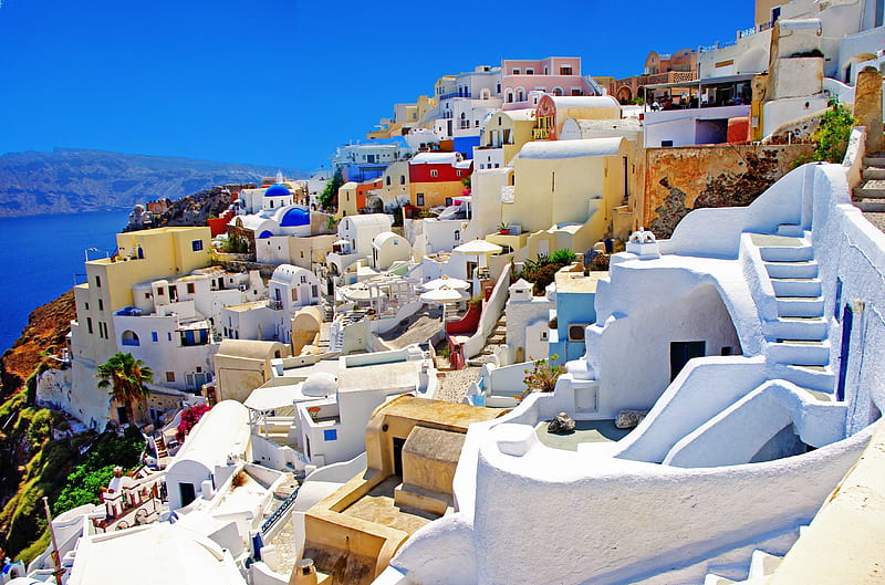 Santorini, Greece, architecture, resort, greece, house, summer time, sunny, stairs, bonito, clouds, sea, splendor, beauty, blue, lovely, view, houses, buildings, town, colors, sky, building, paradise, santorini, peaceful, summer, island, nature, white, HD wallpaper