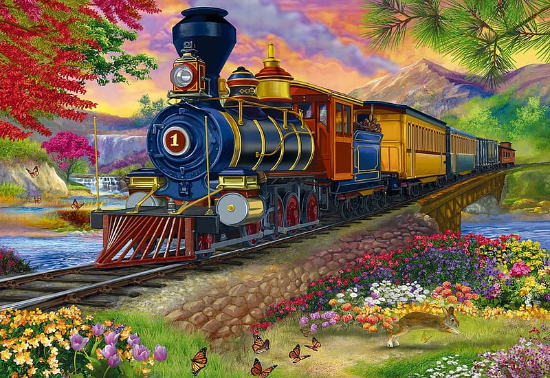 Scenic Steamer, steam, railroad, artwork, painting, colors, flowers, train, HD wallpaper