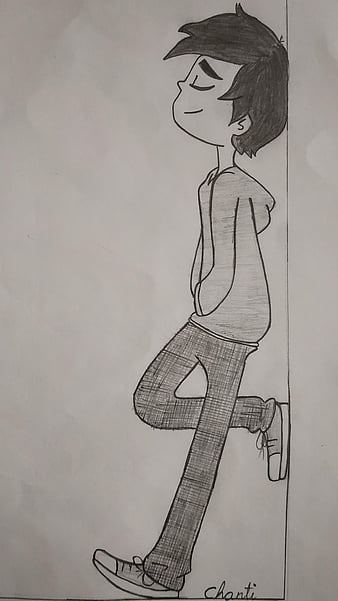 Boy Wearing hoodie And Headphones, Covering His Head, Sketch drawing