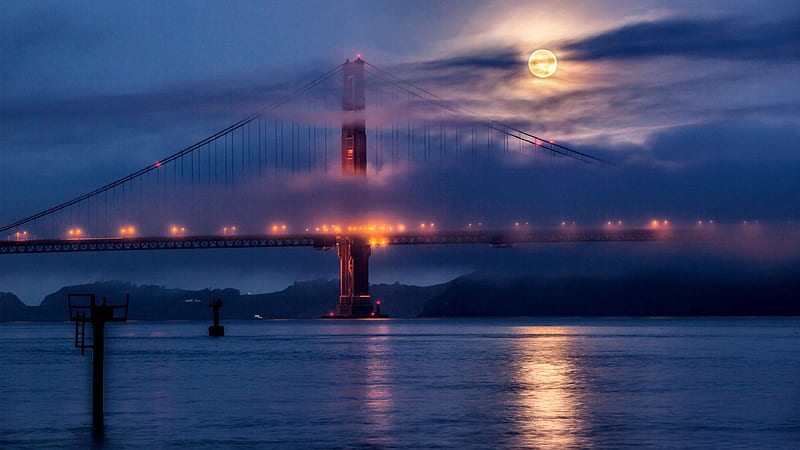 Golden Gate Bridge F, architecture, USA, cityscape, Golden Gate, bonito, graphy, moon, California, bridge, wide screen, San Francisco, scenery, HD wallpaper
