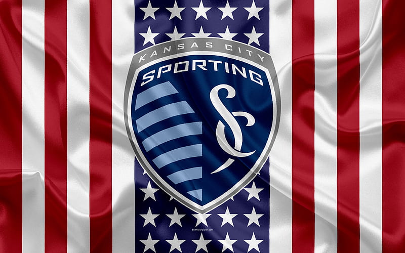 Sporting Kansas City logo, emblem, silk texture, American flag, football club, MLS, Kansas City, Kansas, USA, Major League Soccer, Western conference, HD wallpaper