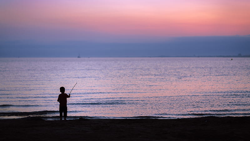 Fishing, black, fisher, silhouette, sea, vara, water, summer, morning, pink, blue, HD wallpaper