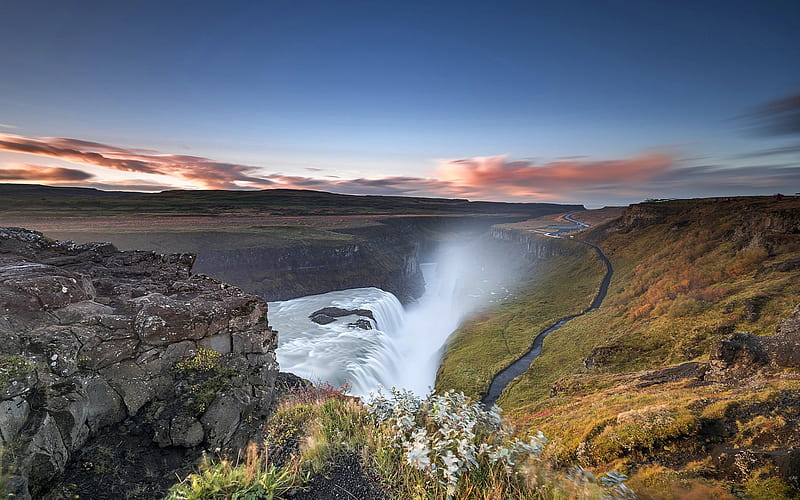Gullfoss falls, mountain waterfall, rocks, gorge, valley, Arnessysla, Iceland, HD wallpaper