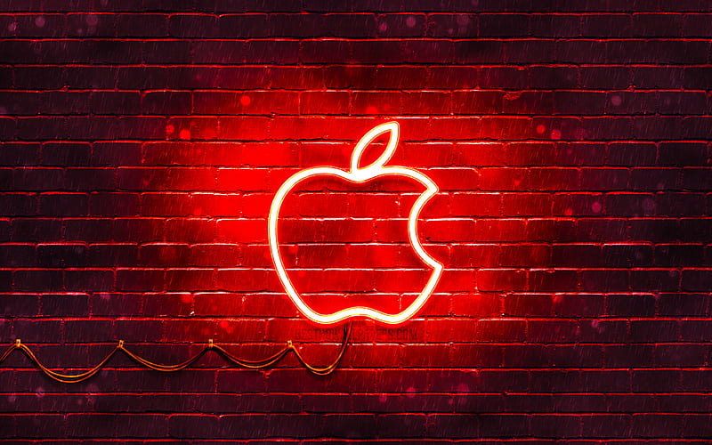 Apple red logo, red brickwall, Apple logo, red neon apple, brands, Apple neon logo, Apple, HD wallpaper