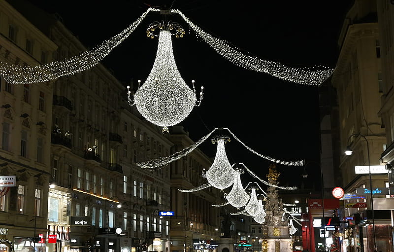 lights, holiday, street, Austria, Christmas, chandelier, Vienna, Graben, The plague column for , section город, HD wallpaper