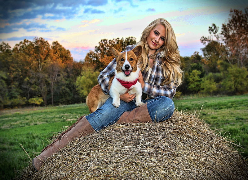 Cowgirl And Her Puppy, female, models, boots, ranch, haystack, fun, women, cowgirls, girls, fashion, blondes, western, dogs, style, HD wallpaper