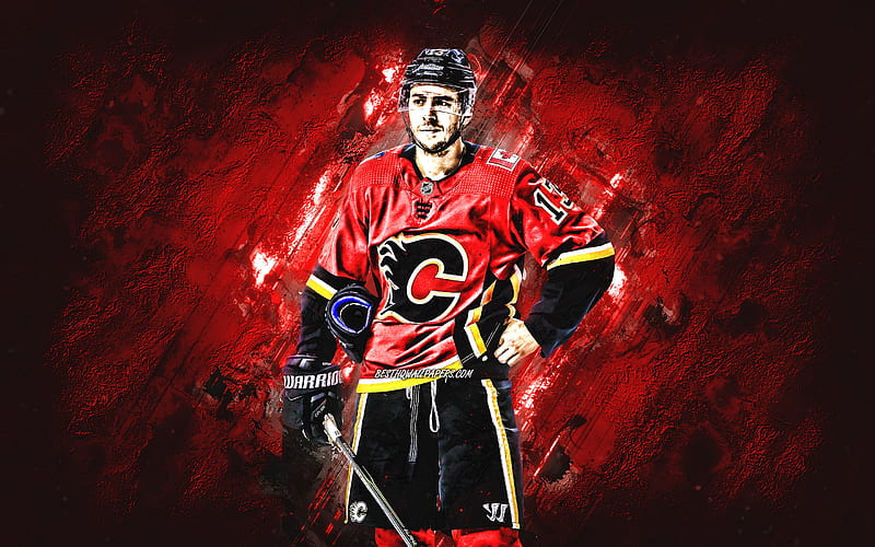 Johnny Gaudreau, Calgary Flames, NHL, american ice hockey player, red stone background, ice hockey, HD wallpaper