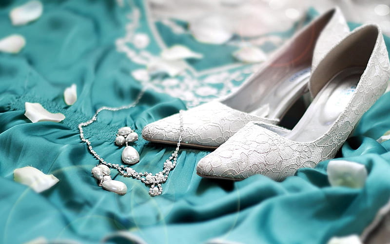 wedding concepts, white bride shoes, blue dress, jewelry, white petals, HD wallpaper