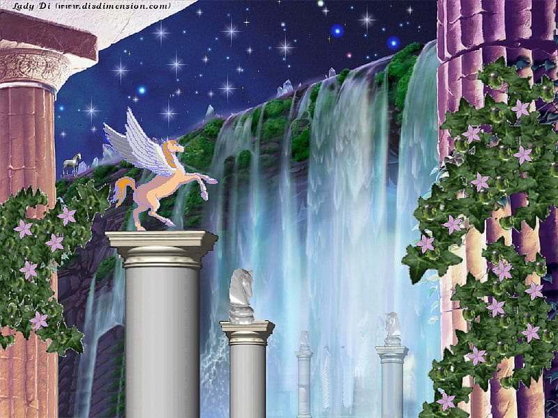 Temple Guardians, fantasy, waterfall, temple, guardians, HD wallpaper