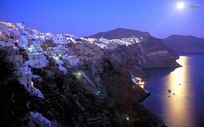 Beautiful View of Santorini, hills, moon, buildings, ocean, santorini, moonlight, landscape, HD wallpaper