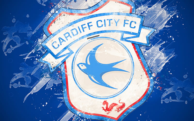 Cardiff City FC paint art, logo, creative, English football team, Premier League, emblem, blue background, grunge style, Cardiff, Wales, football, HD wallpaper