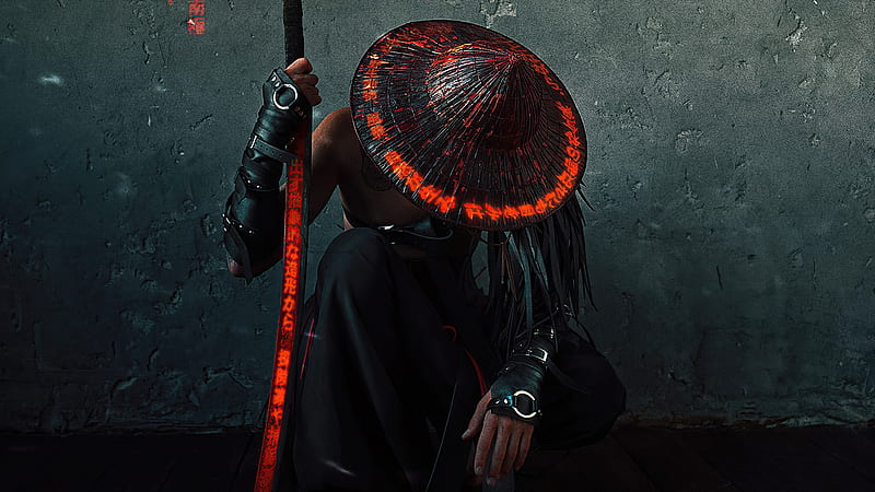 Samurai, warrior, katana, kneeling, black, hat, sword, red, man, fantasy, HD wallpaper