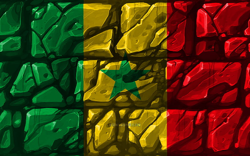 Senegalese flag, brickwall African countries, national symbols, Flag of Senegal, creative, Senegal, Africa, Senegal 3D flag, HD wallpaper