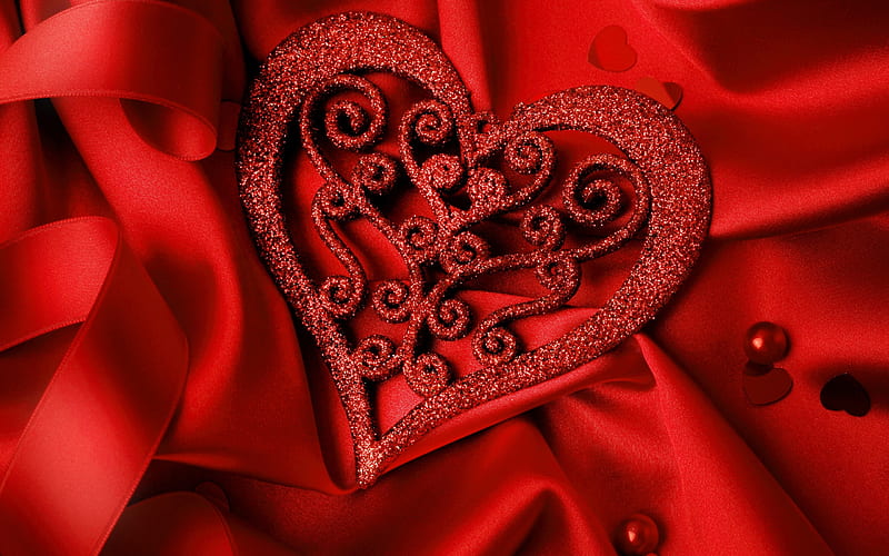 Beautiful red heart, romance, love concepts, Valentines Day, red silk, HD wallpaper