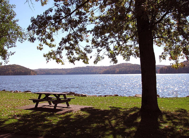 Lonely Picnic Table In October, water, tappan lake, nature, picnic table, picnic, lake, HD wallpaper
