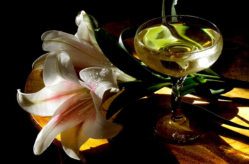 Seduction, table, still life, lilys, flowers, wineglass, HD wallpaper