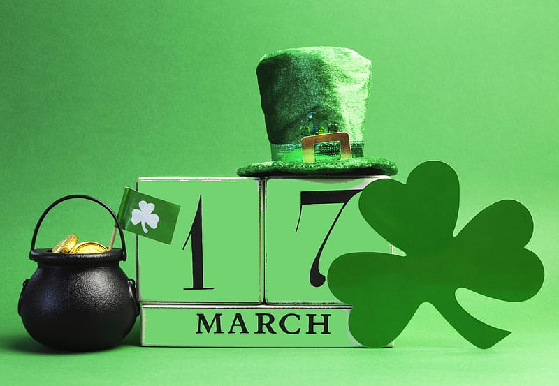 Saint Patrick's Day, Saint Patricks Day, pot, coins, flag, shamrock, hat, top hat, clovers, March 17, gold, green, clover, shamrocks, Patricks Day, HD wallpaper