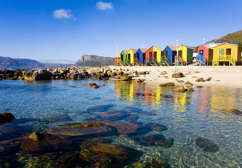 cape town, beach, beach hut, onepluswall, south africa, HD wallpaper
