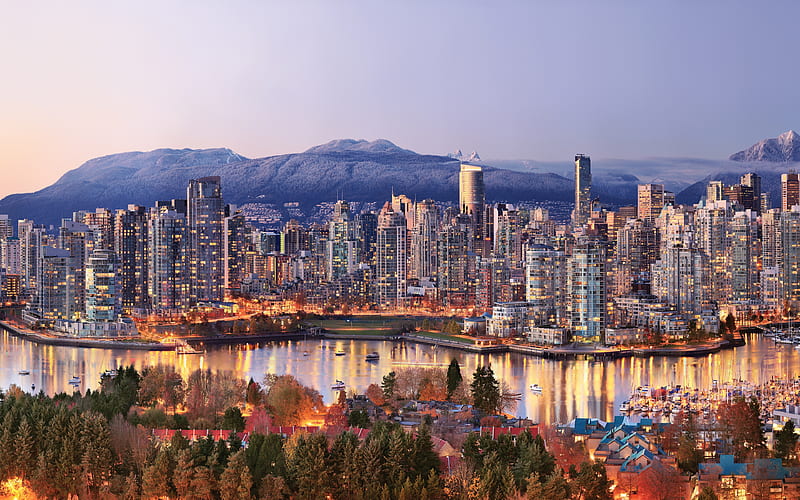 Vancouver cityscape, sunset, skyscrapers, skyline, seaport, canada, British Columbia, HD wallpaper