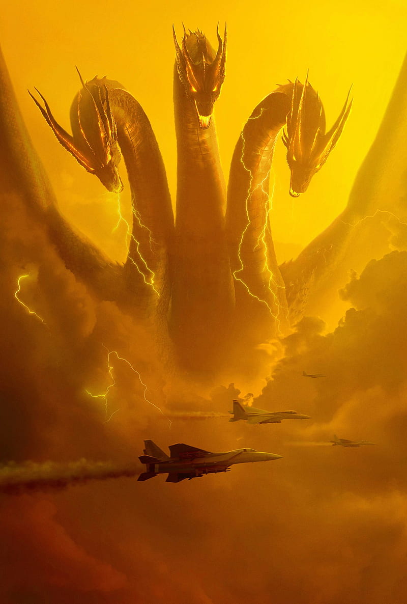 Godzilla: King of the Monsters, kaiju, movie poster, clouds, King Ghidorah, movies, creature, aircraft, military aircraft, vertical, HD phone wallpaper