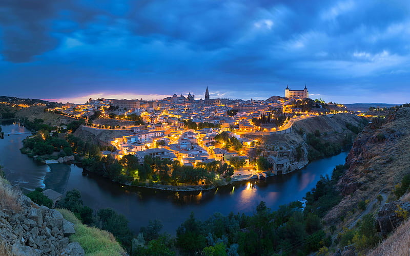 Toledo, evening, sunset, Toledo panorama, Monastery of San Juan de los Reyes, Toledo Cathedral, Alcazar of Toledo, Toledo cityscape, Spain, HD wallpaper