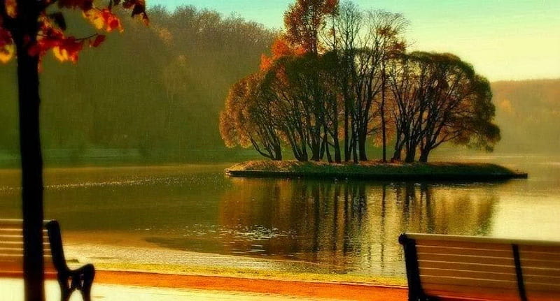 Little island in fall season, lakes, fall season, nature, island, HD wallpaper