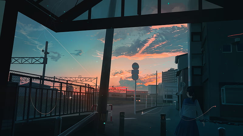 Anime scenery, sunset, anime school girl, clouds, artwork, Anime