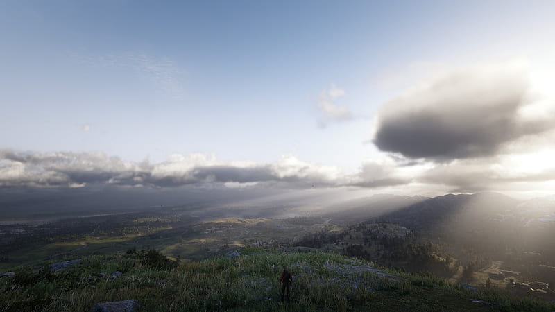 Arthur Morgan With Gun In Background Of Trees Mountain And Sky With Clouds  HD Red Dead Redemption 2 Wallpapers, HD Wallpapers