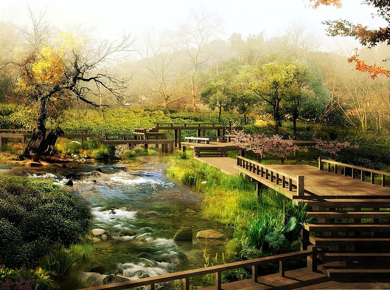 Beautiful Japan, tree, japan, green, garden, nature, river, HD wallpaper