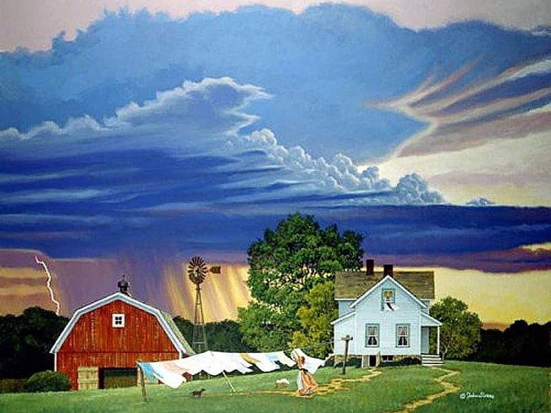 John Sloane * Change in the Weather, art, house, john sloane, painting, clean, sky, HD wallpaper