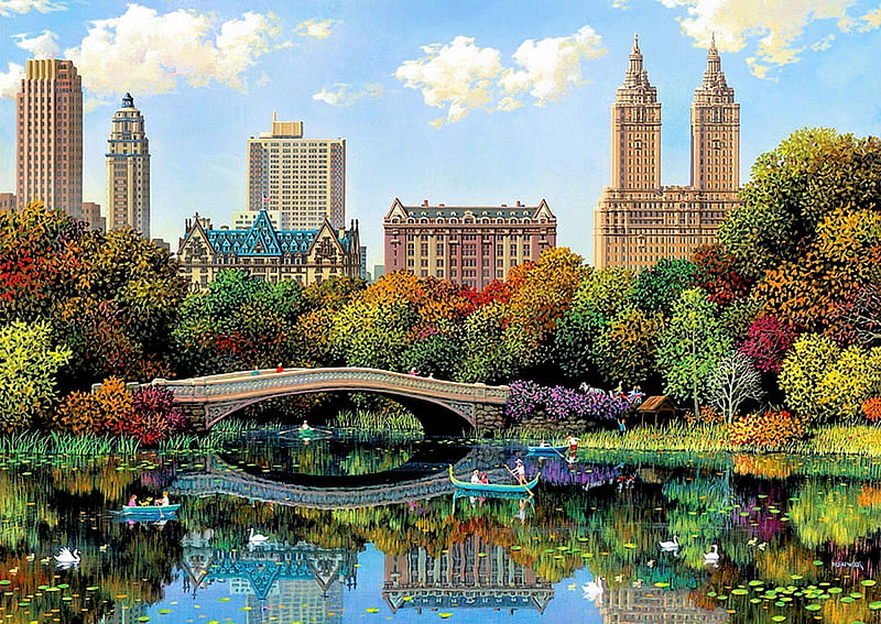 Bow Bridge, central park, skyscrapers, new york, city, water, reflections, HD wallpaper