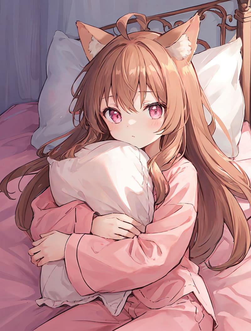 girl, ears, pajamas, pillow, anime, pink, HD phone wallpaper