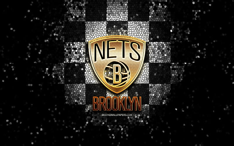 Brooklyn Nets, glitter logo, NBA, black white checkered background, USA, american basketball team, mosaic art, basketball, America, HD wallpaper
