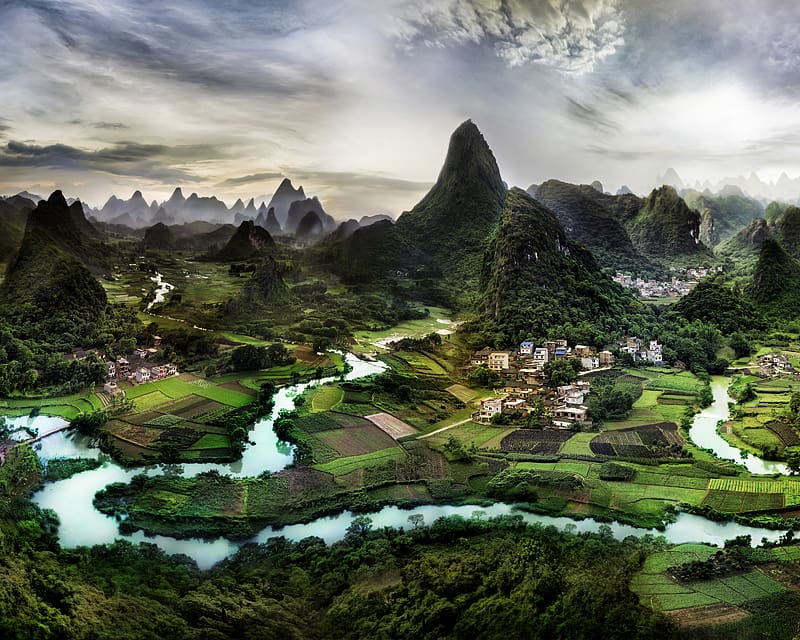 Landscape, Mountain, Field, China, River, , Nanling Mountains, Guanxi Zhuang, Li River, HD wallpaper