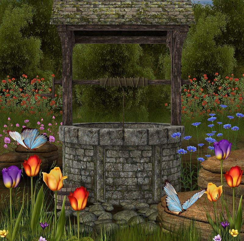 ✼Wishing Well of Romantic✼, rocks, pretty, grass, pebbles, bonito, soil, Premade BG, flowers, wishing well, tulips, resources, animals, lovely, colors, butterflies, roses, trees, Stock , plants, beloved valentines, HD wallpaper