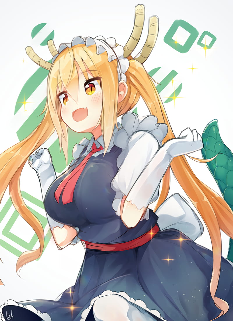 anime, anime girls, Tohru (Kobayashi-san Chi no Maid Dragon), Kobayashi-san Chi no Maid Dragon, 2D, drawing, digital art, blonde, blond hair, twintails, long hair, brown eyes, maid, horns, maid outfit, dragon girl, simple background, white background, tail, red tie, HD phone wallpaper