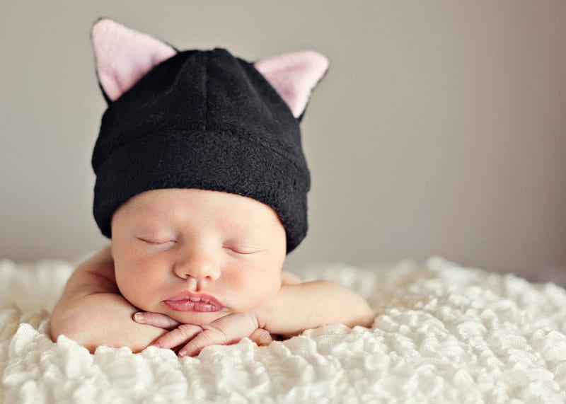 Baby, ears, black, cat, winter, hat, cute, child, funny, white, pink, fur, HD wallpaper