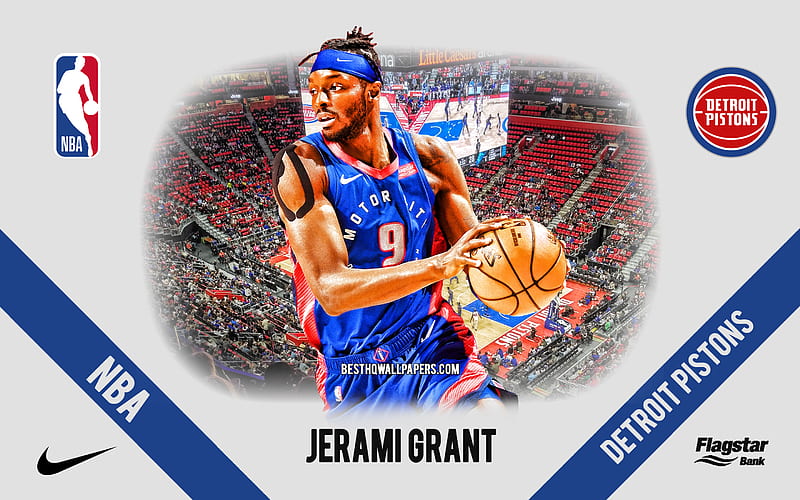 Jerami Grant, Detroit Pistons, American Basketball Player, NBA, portrait, USA, basketball, Little Caesars Arena, Detroit Pistons logo, HD wallpaper