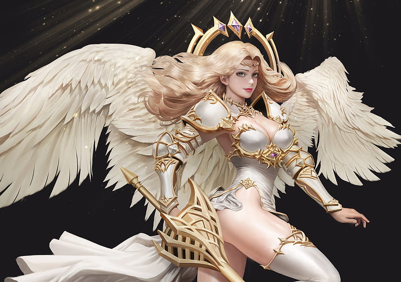 Archangel, black, white, wings, frumusete, luminos, angel, sung won kang, blonde, fantasy, girl, HD wallpaper