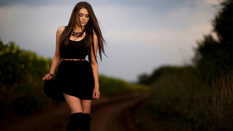 Black Dress Girl, black, dress, girls, fields, model, black-dress, HD wallpaper