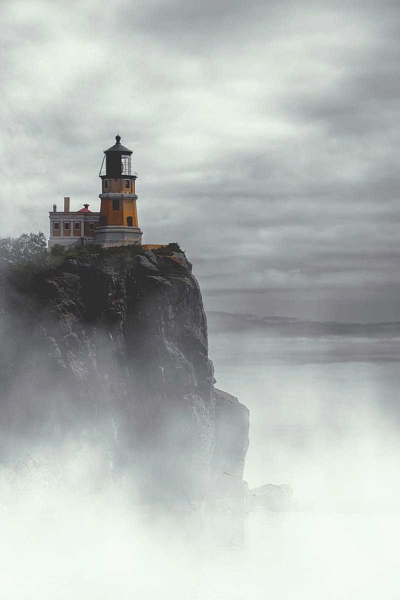 lighthouse, building, cliff, rock, fog, HD phone wallpaper