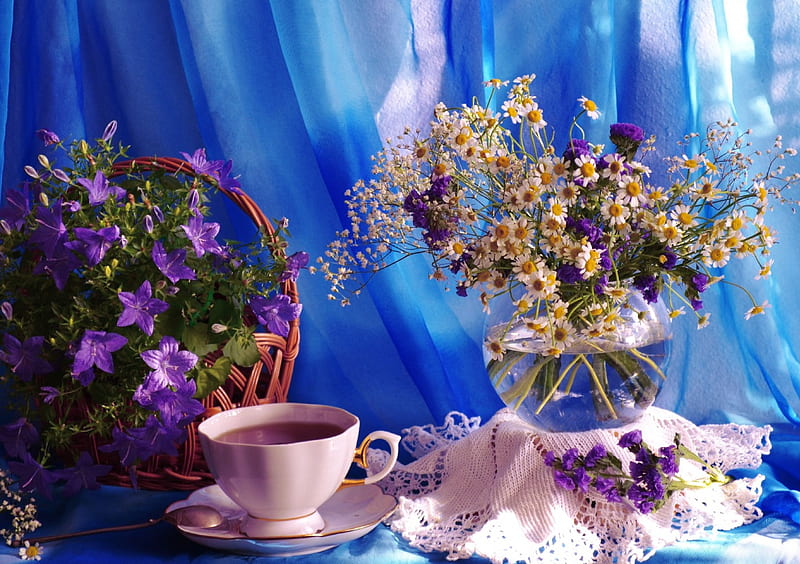 Still life, saucer, background, vase, tea, floral, wildflowers, arrangement, chamomile, drink, blue, immortelles, teatime, glass, basket, cup, white, HD wallpaper