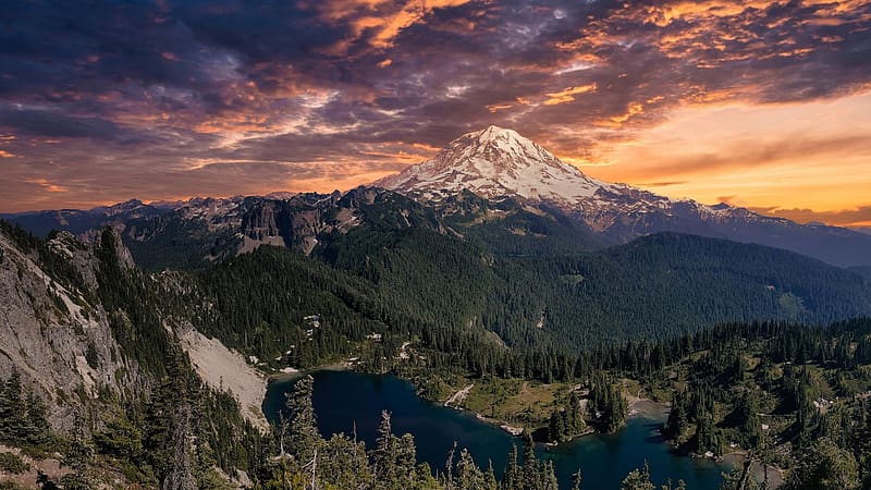 Mount Rainier from Tolmie Peak Fire Lookout, usa, washington, river, colcanosky, clouds, landscape, forest, HD wallpaper
