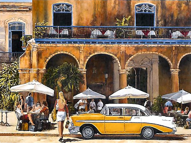 Cuban Cafe 5, art, cafe, cityscape, chevy, artwork, cuba, arches, street scene, painting, scenery, HD wallpaper