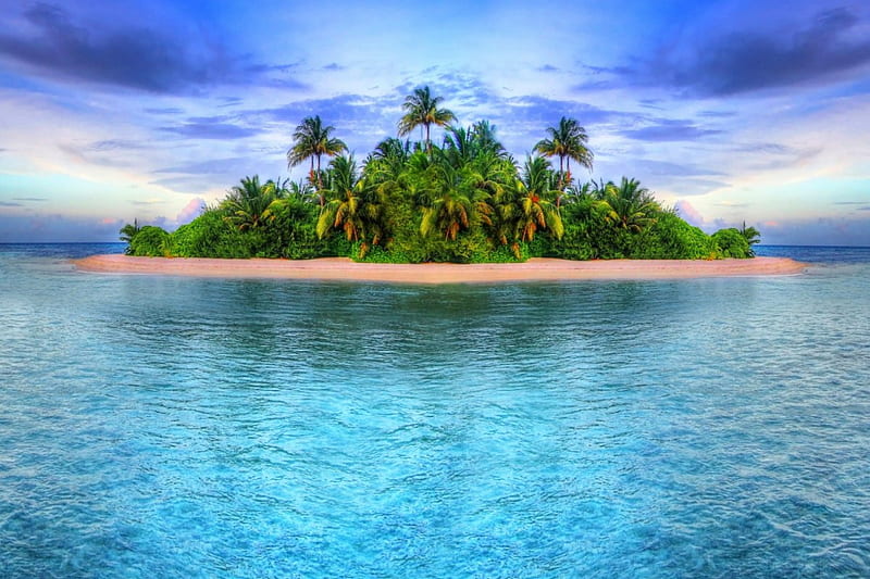 Tropcal island, breeze, bonito, mirrored, sea, beach, nice, tropics, quiet, exotic, lovely, clear, ocean, sky, trees, palms, water, crystal, island, nature, tropical, HD wallpaper