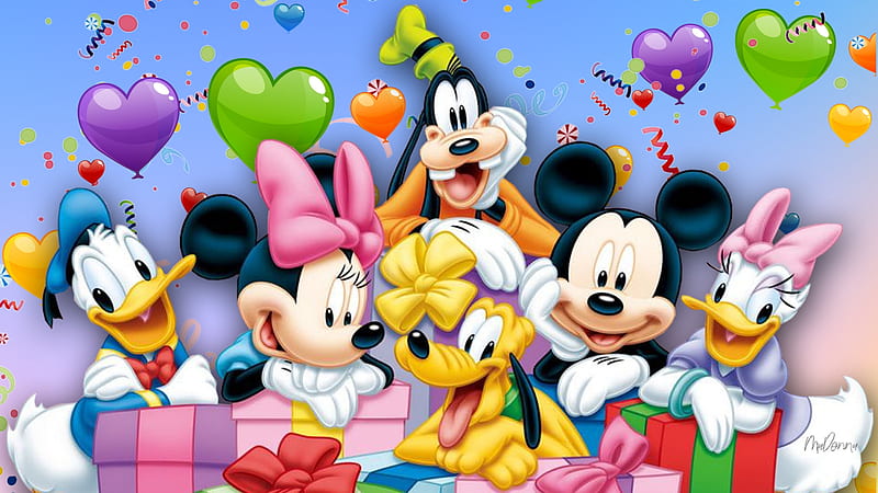 Mikckey's Birtay, eme, cake, Disney, animated, Donald Duck, Firefox Theme, Minnie Mouse, Mickey Mouse, corazones, birtay, balloons, Pluto, HD wallpaper