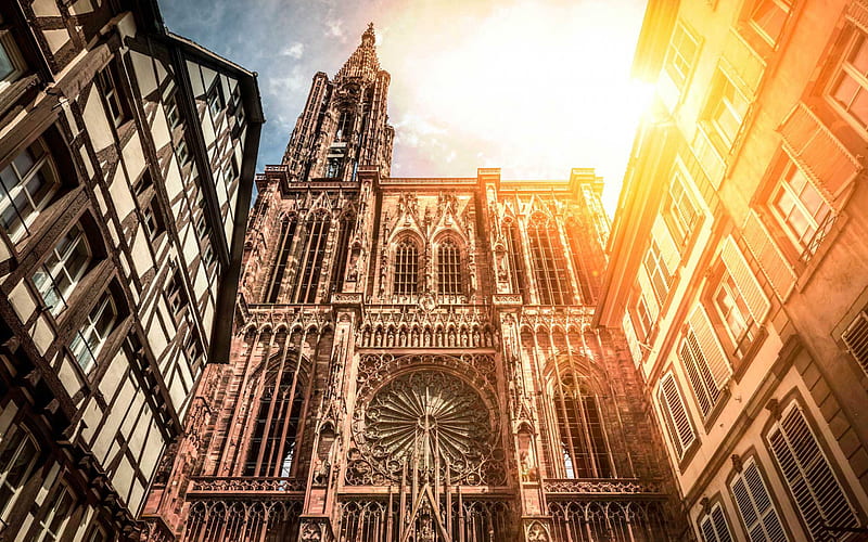 Strasbourg Cathedral, Strasbourg, Catholic cathedral, evening, sunset, landmark, France, Cathedral of Our Lady of Strasbourg, HD wallpaper